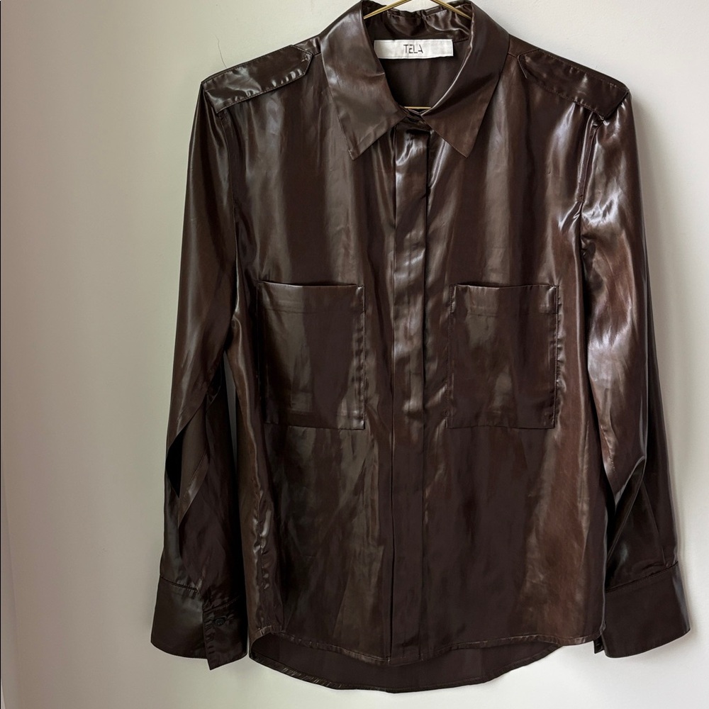 Tela Camicia Orologio Faux Leather Shirt in Brown Button Front Slit Arms Size S